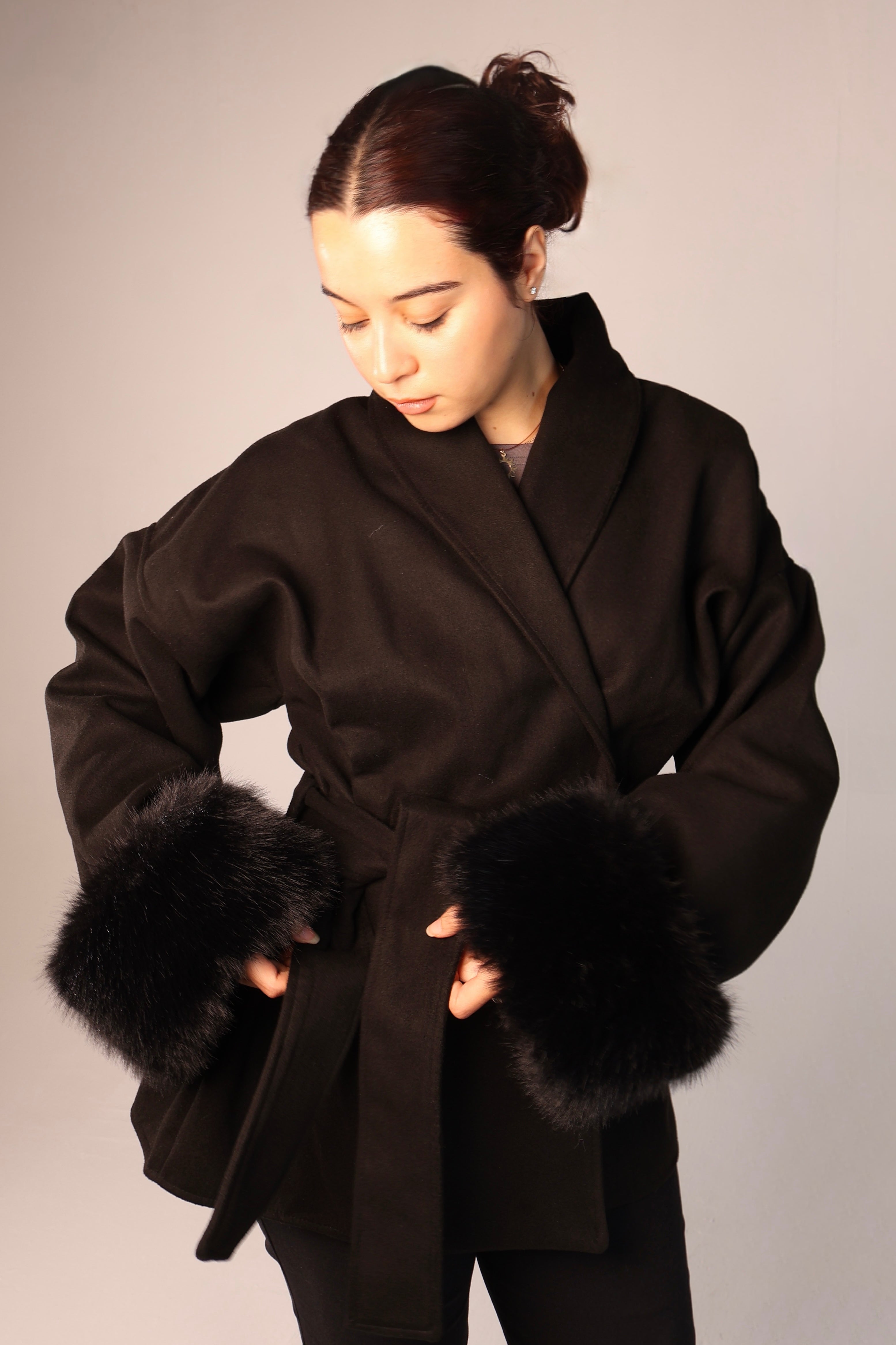 Cuffed Wrap Coat - Black