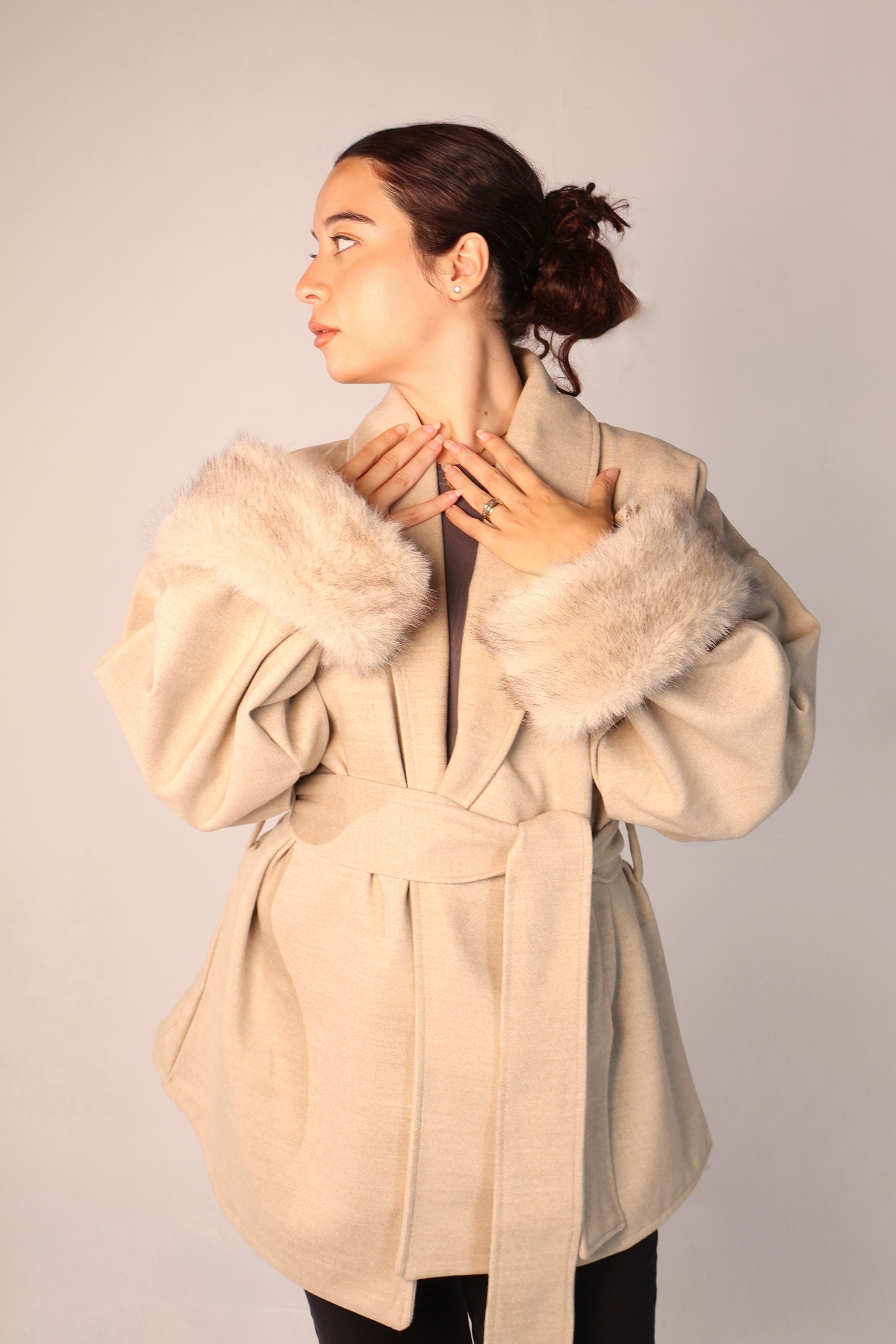 Cuffed Wrap Coat - Beige
