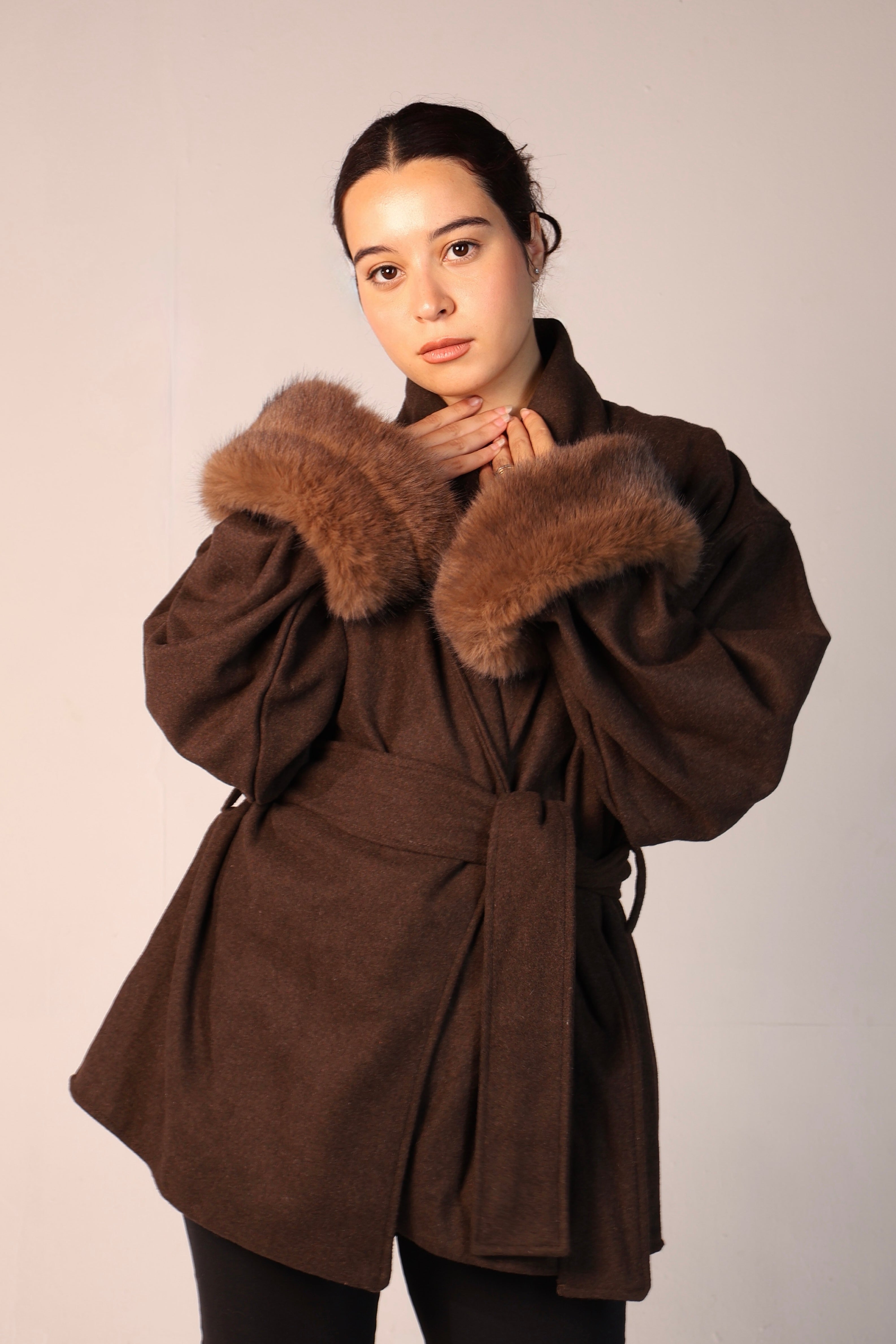 Cuffed Wrap Coat - Brown